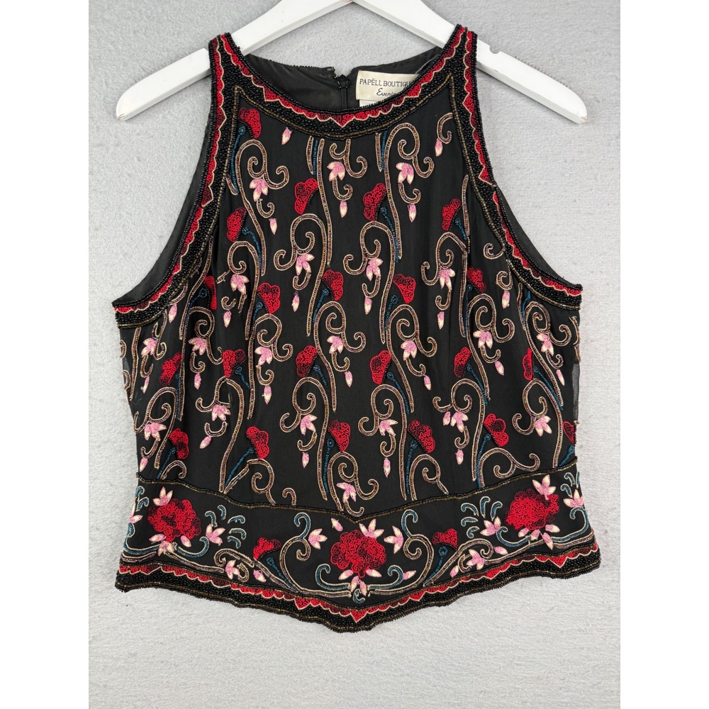 Papell Boutique Evening Top Womens L Black Silk Beaded Floral Sleeveless Vintage